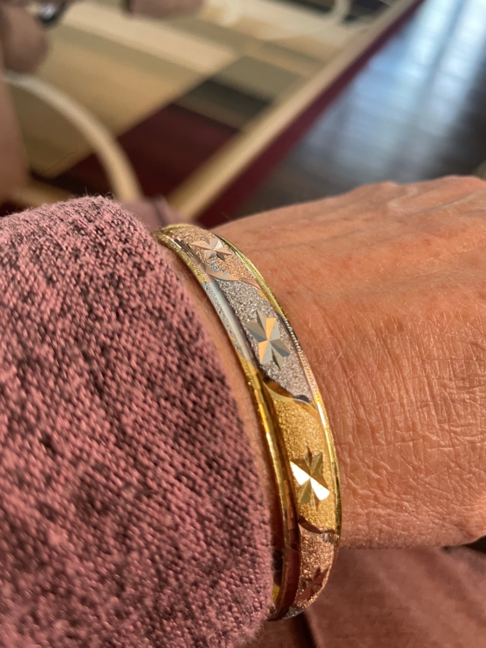 Tri-Tone Star Engraved Bangle Bracelet
